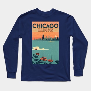 A Vintage Travel Art of Chicago - Illinois - US Long Sleeve T-Shirt